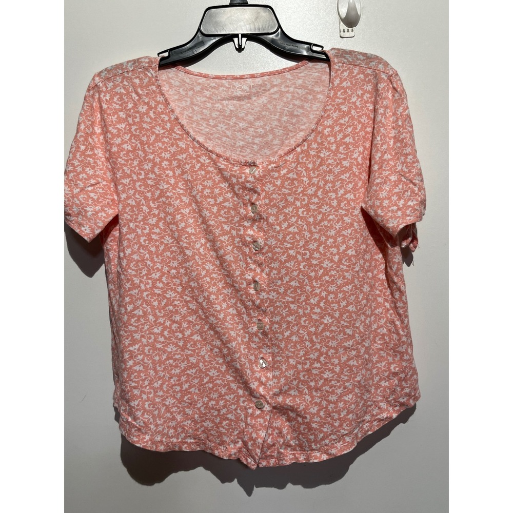 LOFT Outlet Peach Floral Button Front Short Sleeve Tie Detail Top Small